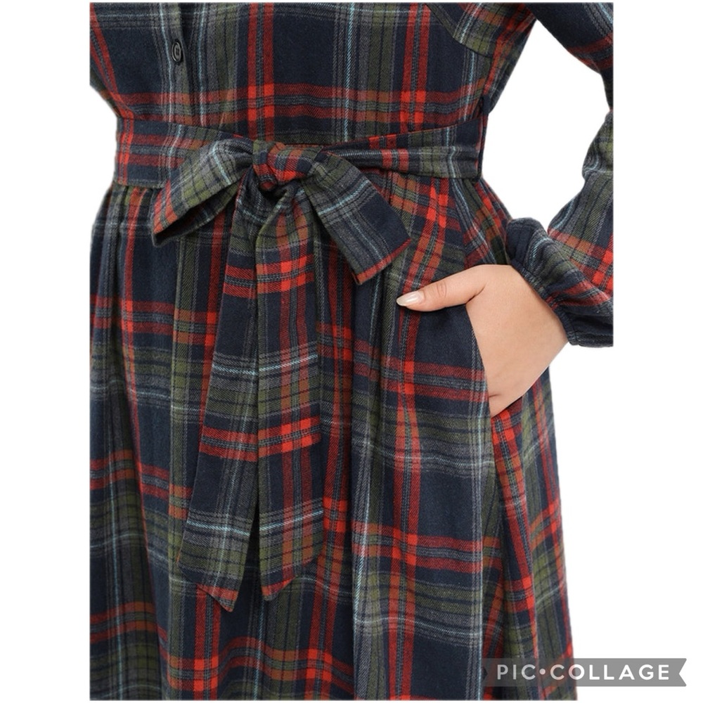 BLOOMCHIC Multi Plaid Button Front Belted Long Sleeve Arc Hemline Midi Dress - Picture 3 of 16